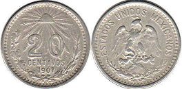 монета Мексика 20 сентаво 1907