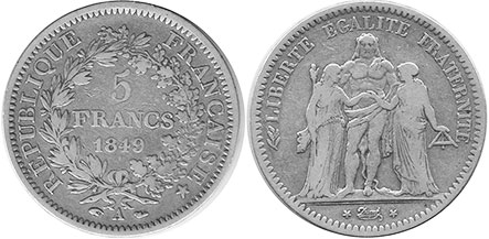 монета Франция 5 франков 1849