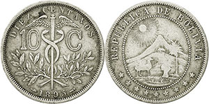 монета Боливия 10 сентаво 1895
