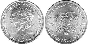 монета Боливия 250 песо 1975