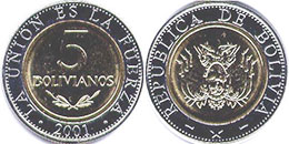 монета Боливия 5 боливиано 2001