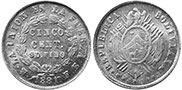 монета Боливия 5 сентаво 1881