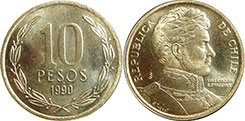 монета Чили 10 песо 1990