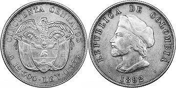 монета Колумбия 50 сентаво 1892