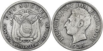 монета Эквадор 2 сукре 1928