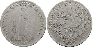 монета Гватемала 1/4 кетсаля 1929