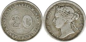 монета Стрэйтс Сеттлментс 20 центов 1882