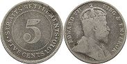 монета Стрэйтс Сеттлментс 5 центов 1910