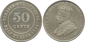 монета Стрэйтс Сеттлментс 50 центов 1921