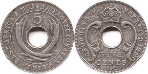 монета Восточная Африка и Уганда 5центов 1913
