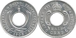 монета Восточная Африка и Уганда 1/2 цента 1908