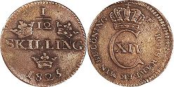 монета Швеция 1/12 скиллинга 1825