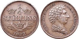 монета Швеция 1/4 скиллинга 1832