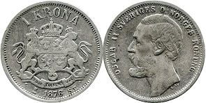 монета Швеция 1 крона 1876 