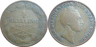 монета Швеция 1 скиллинг 1847