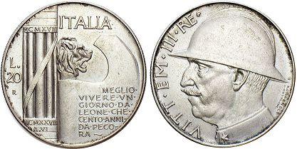 монета Италия 20 лир 1928