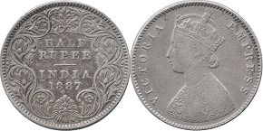 монета Британская Индия 1/2 рупии 1887