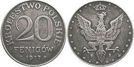 монета Польша 20 фенигов 1917
