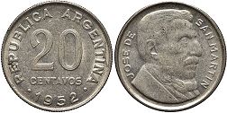 монета Аргентина 20 сентаво 1952