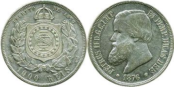 монета Бразилия 1000 рейс 1876