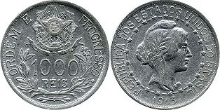 монета Бразилия 1000 рейс 1913