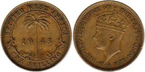 монета Британская Западная Африка 1 шиллинг 1943