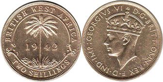 монета Британская Западная Африка 2 шиллинга 1942