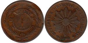 монета Уругвай 1 сентесимо 1869