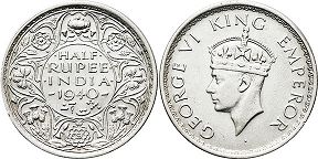 монета Британская Индия 1/2 рупии 1940