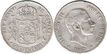 монета Филиппины 50 сентимо 1885