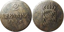монета Бавария 2 пфеннига 1816