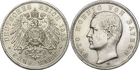 монета Бавария 5 марок 1913