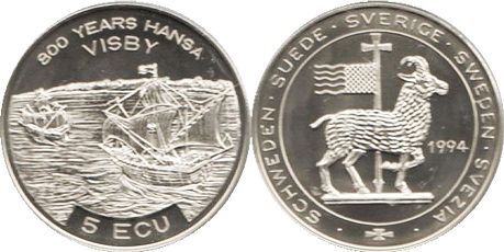 монета Швеция 5 экю 1994