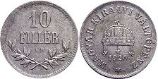 монета Венгрия 10 филлеров 1920