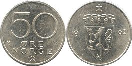 монета Норвегия 50 эре 1992
