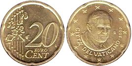 монета Ватикан 20 евро центов 2007