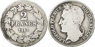 монета Бельгия 2 франка 1843