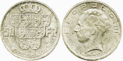 монета Бельгия 50 франков 1940