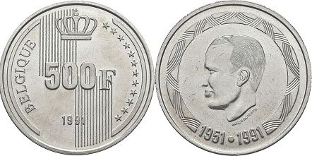 монета Бельгия 500 франков 1991