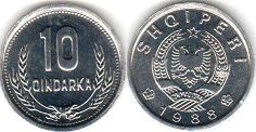монета Албания 10 киндарок 1988