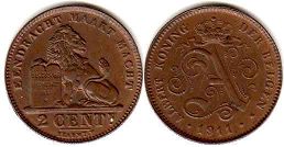 монета Бельгия 2 сантима 1911
