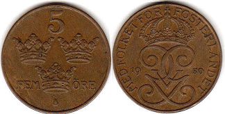 монета Швеция 5 эре 1950