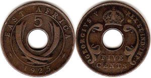 монета Британская Восточная Африка 5 центов 1925