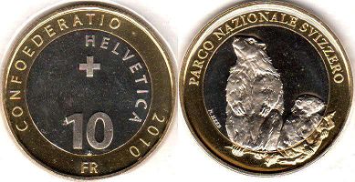 монета Швейцария 10 франков 2010