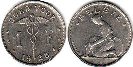 монета Бельгия 1 франк 1928