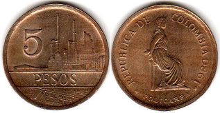 монета Колумбия 5 песо 1980