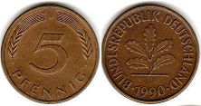 монета ФРГ 5 пфеннигов 1990