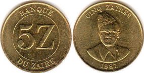 монета Заир 5 заиров 1987