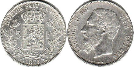 монета Бельгия 5 франков 1873