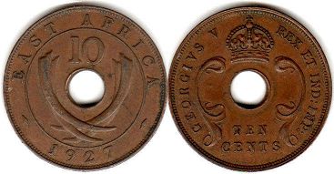 монета Британская Восточная Африка 10 центов 1927